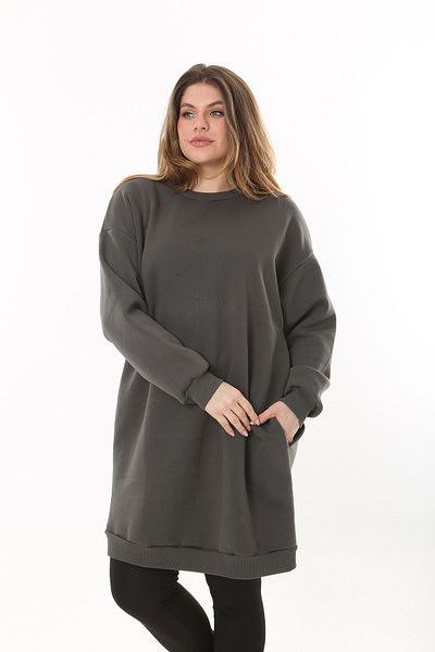 Şans Women's Large Size Smoked Ribbon 3 Thread Long Sweatshirt with Side Pockets 65N37494