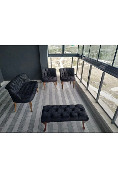 ElizzanMobilya Çay Seti Balkon Takımı Siyah Berjer Koltuk Puf