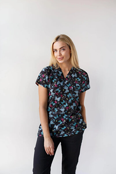 Dr. Mitra بدلة جراحية للجنسين بأكمام على شكل فراشة من الليكرا ورقبة على شكل ح...