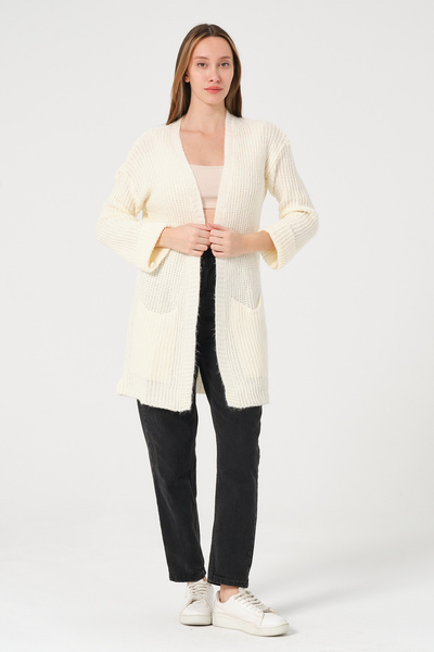 PUNKY CAT Γυναικεία Εκρού Πλεκτή Ζακέτα με Πλαϊνή Χοντρή Πλεκτή Μακριά Πλεκτά