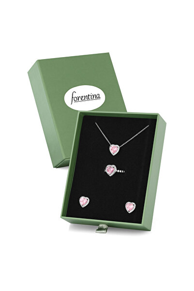 Forentina Gümüş Kaplama Pembe Taşlı Kalp Kolye Küpe Yüzük Yeşil Kutuda Takı S...
