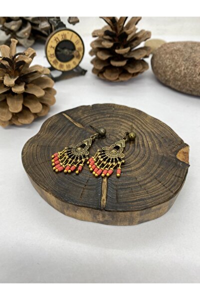 Porsuk Alternatif El Yapımı Etnik Otantik Bohem Kırmızı Taşlı Küpe