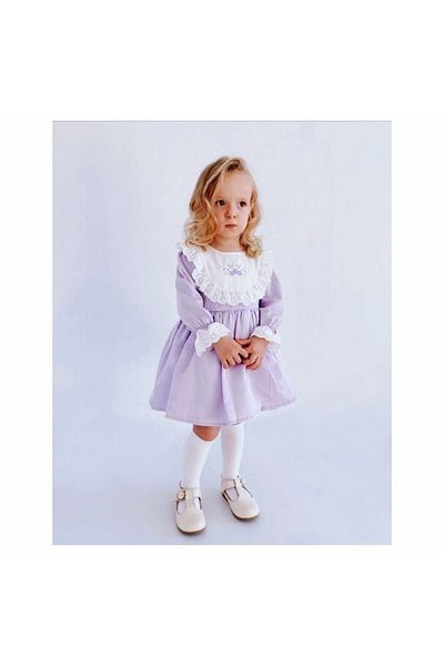 Şirin Şeyler Butiği Isabella Girl's Long Sleeve Scalloped Floral Embroidered Tulle Lined Princess Vintage Elegant Purple Lilac Dress