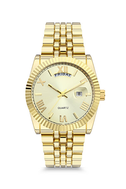 pierrose Gold Çelik Kordon Romen Rakamlı Çift Takvimli Erkek Kol Saati