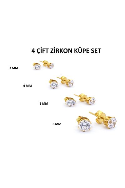 Öte Beri Öteberi 316l Surgical Steel Antiallergic Unisex 3mm, 4mm, 5mm, 6mm Gold Zircon 4 Pairs Earrings Set