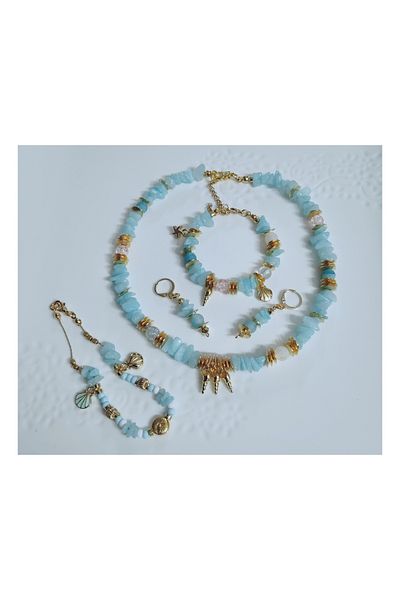 Denis Bujiteri Women's Blue Quartz and Natural Stones 39cm Necklace, 15cm Bracelet, 20cm Extension Anklet and Earrings Set