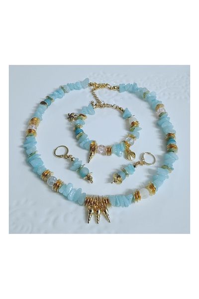 Denis Bujiteri Women's Blue Quartz and Natural Stones 39cm Necklace, 15cm Bracelet, 20cm Extension Anklet and Earrings Set