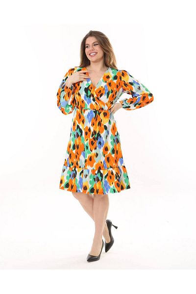 Butik Nilyam Women's Plus Size Dress Double Breasted Collar Lycra Long Sleeve Dress 22020 Orange