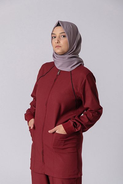Medikal Dolap Bergama Women's Hijab Claret Red Single Top Lycra - Zippered - Doctor Nurse Uniform - Scrubs