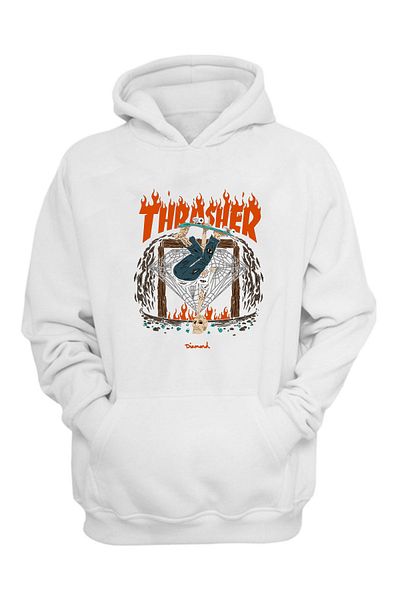 THEWERT Unisex Thrasher Diamand εμπριμέ λευκό φούτερ με κανονική εφαρμογή