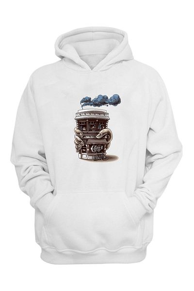 THEWERT Hanorac unisex cu o cafenea cu imprimeu alb, cu croiala normală, gros în relief