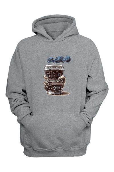 THEWERT Унисекс суитшърт с щампа Cup Coffee Shop в сив цвят, стандартна кройка и дебели повдигнати крака