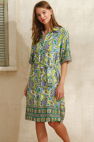 Anıl Short Half Sleeve V-neck Women's Viscose Floral Print Summer Long Dress Anil 5758-Pistachio Green - M