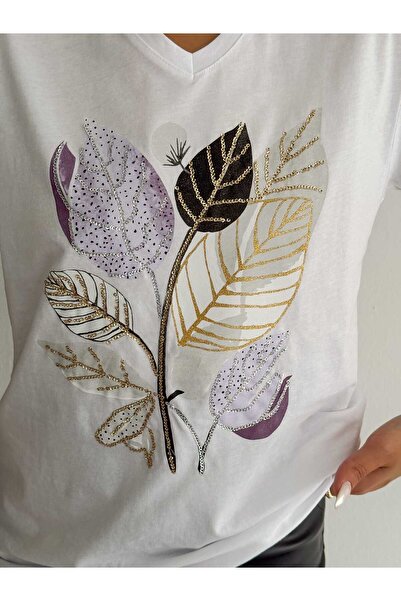 ERTULTEXTILE Women's Large Size New Season 100% Cotton Branch Embroidered Embroidered T-shirt