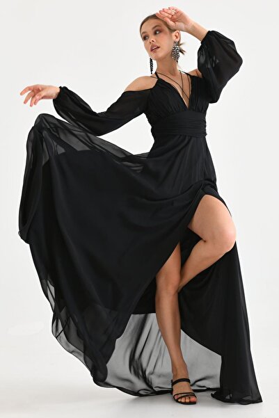 lovebox Podšitá šifonová tkanina Rozparek Detailní zadní část Nízký střih Maxi Délka Černé večerní šaty 9289