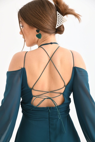 lovebox Astarlı Şifon Kumaş Yırtmaç Detaylı Sırt Dekolteli Maxi Boy Yeşil Abiye Elbise 9289