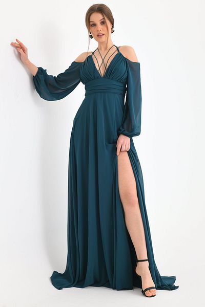 lovebox Gefüttertes Chiffon-Stoff-Schlitz, detaillierter Rückenausschnitt, tief ausgeschnittenes Maxi-Längen-Grünes Abendkleid 9289