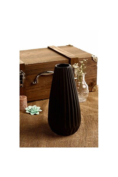 Carmen Soft Seramik Tırtıklı Vazo - Siyah - 28x17 cm