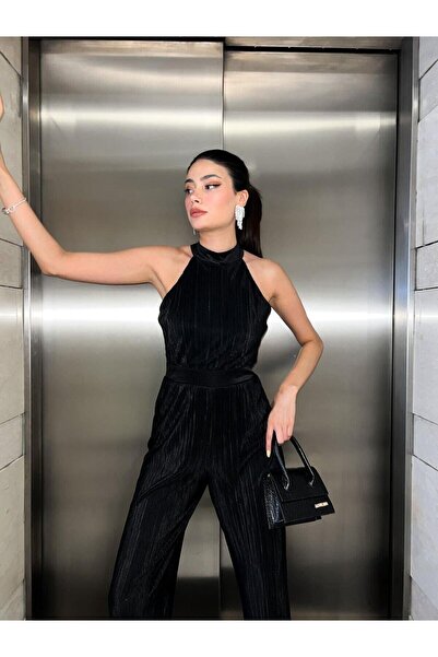 Genel Markalar Misscix Fitilli Kolsuz Halter Yaka Kadın Siyah Tulum - Abiye & Mezuniyet Tulum Elbise