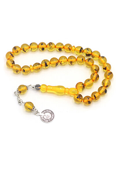 Midyat Nurtaş Gümüş Metal Püsküllü Karınca Fosilli Toz Kehribar Tesbih