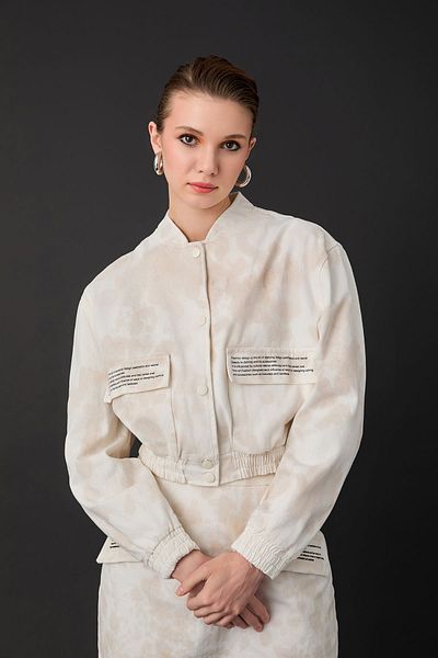 Quzu Text Printed Batik Patterned Bomber Jacket Beige