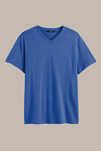 mmetalic Pánské tričko Indigo Basic Regular Fit Bavlna s krátkým rukávem a výstřihem do V