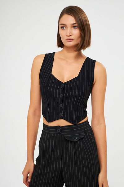MOREPERLA Women's Black Striped Heart Collar Buttoned Crepe Knitted Vest