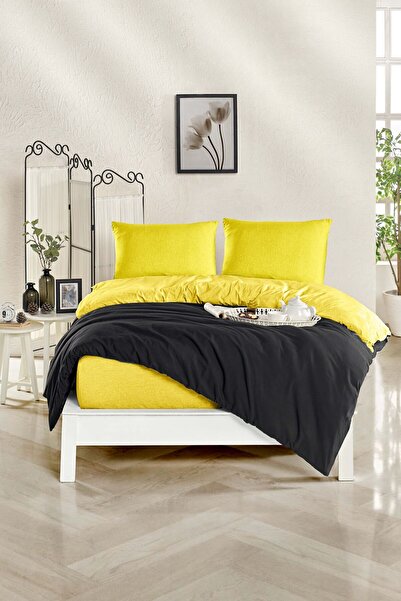 HOMENUP 160x200 Solid Color Double Duvet Cover Set with Elastic Sheets Yellow...
