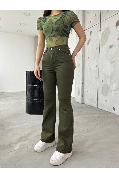 BİKELİFE Women's Khaki Flared Leg Flexible Lycra Trousers