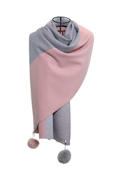 CASHMERE AND SİLK MAWLANA Modal Cashmere Plain Διπλό Χρώμα Σάλι με Γούνινες Μ...