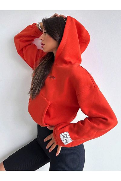 Mood Lab Crop Hooded 3 Thread Orange Raised Sweatshirt