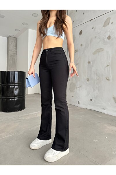 BİKELİFE Women's Black Flared Leg Flexible Lycra Trousers