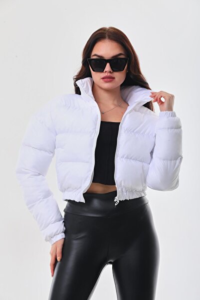 BallBee Kadın Beyaz Crop Şişme Mont
