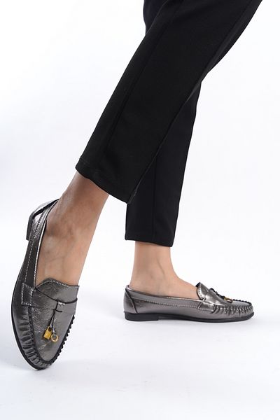 eformoda by emre yılmaz Gri de damă zilnic confortabil cu cataramă pantofi clasici casual Balerini LRS02
