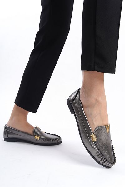 eformoda by emre yılmaz Gri de damă zilnic confortabil cu cataramă pantofi clasici casual Balerini LRS01