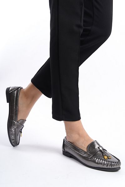 eformoda by emre yılmaz Gri de damă zilnic confortabil cu cataramă pantofi clasici casual Balerini LRS02