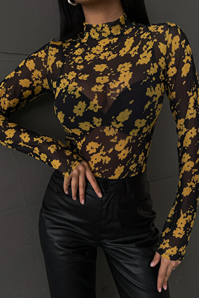 Bipantolon Γυναικεία διάφανη μπλούζα από τούλι με κίτρινο φλοράλ σχέδιο
