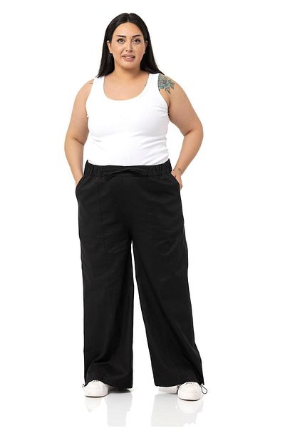 DISENTIS MODEST Large Size Wide Leg Gabardine Black Trousers with Tie Detail