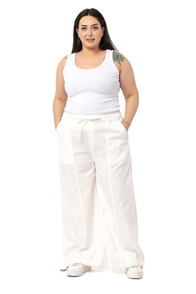 DISENTIS MODEST Large Size Wide Leg Gabardine White Trousers with Tie Detail