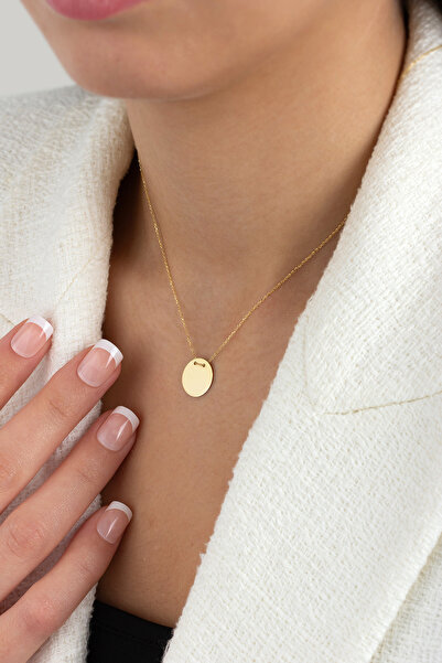 goldberia 14 Ayar Saf Altın Yuvarlak Plaka Kolye