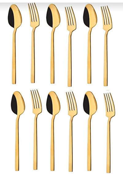 ZUZU MADE 6 Kişilik 12 Parça Lüks Parlak Gold Tatlı Kaşık ve Tatlı Çatal Seti...