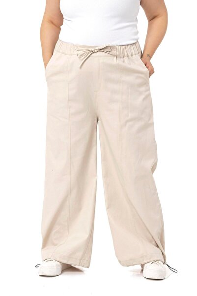 DISENTIS MODEST Pantaloni Bej Gabardină cu Picior Lat de Marime Plus, cu Deta...