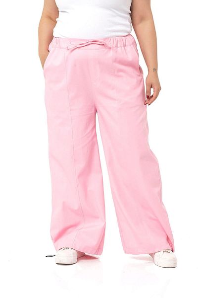 DISENTIS MODEST Large Size Wide Leg Gabardine Pink Trousers with Tie Detail