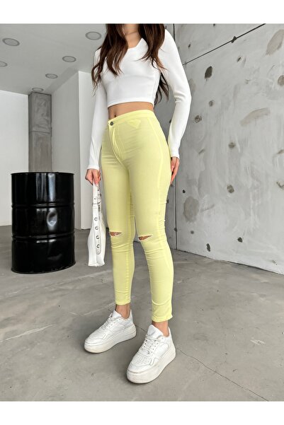 BİKELİFE Women's Yellow High Waist Lycra Ripped Detailed Leggings Trousers