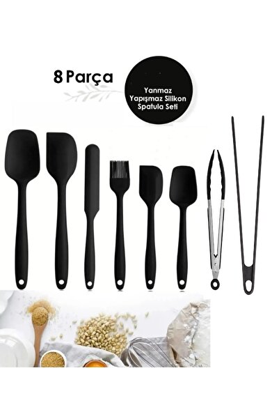 8-Piece Heat Resistant Fireproof Non-Stick Boots Silicone Spoon Spatula Brush Tongs Set Black