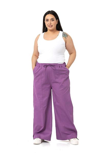 DISENTIS MODEST Plus Size Wide Leg Gabardine Purple Trousers with Tie Detail
