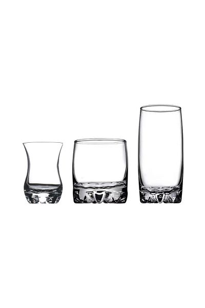 Paşabahçe Sylvana Tea & Water & Soft Drink Cup Set 18 Pieces (6 Tall & 6 Short & 6 Tea Cups)