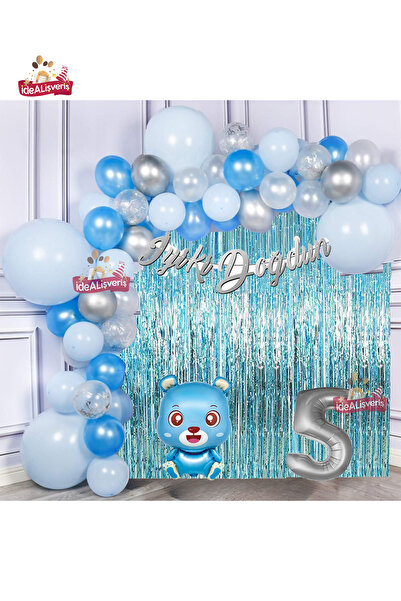 Bkmc Blue Teddy Bear Silver 5 Year Old Blue Silver Birthday Party Set with Fo...
