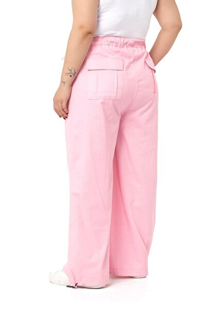 DISENTIS MODEST Large Size Wide Leg Gabardine Pink Trousers with Tie Detail