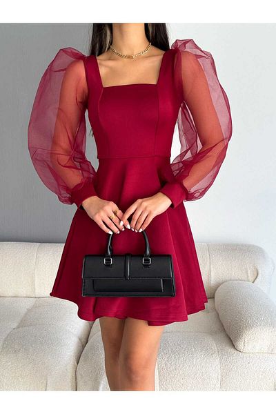 rengamoda Women's U Collar Sleeves Tulle Scuba Fabric Dress (Color)